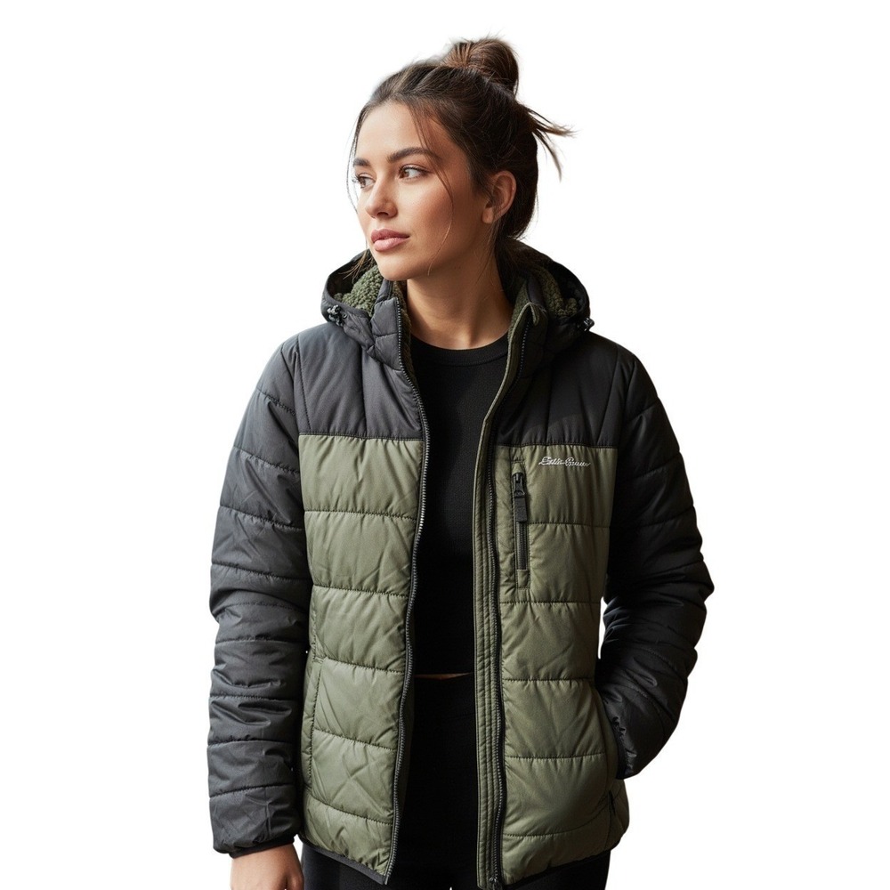 Eddie‎ Bauer Reversible Camo Puffer Jacket Fleece Hooded Black Green Women's S